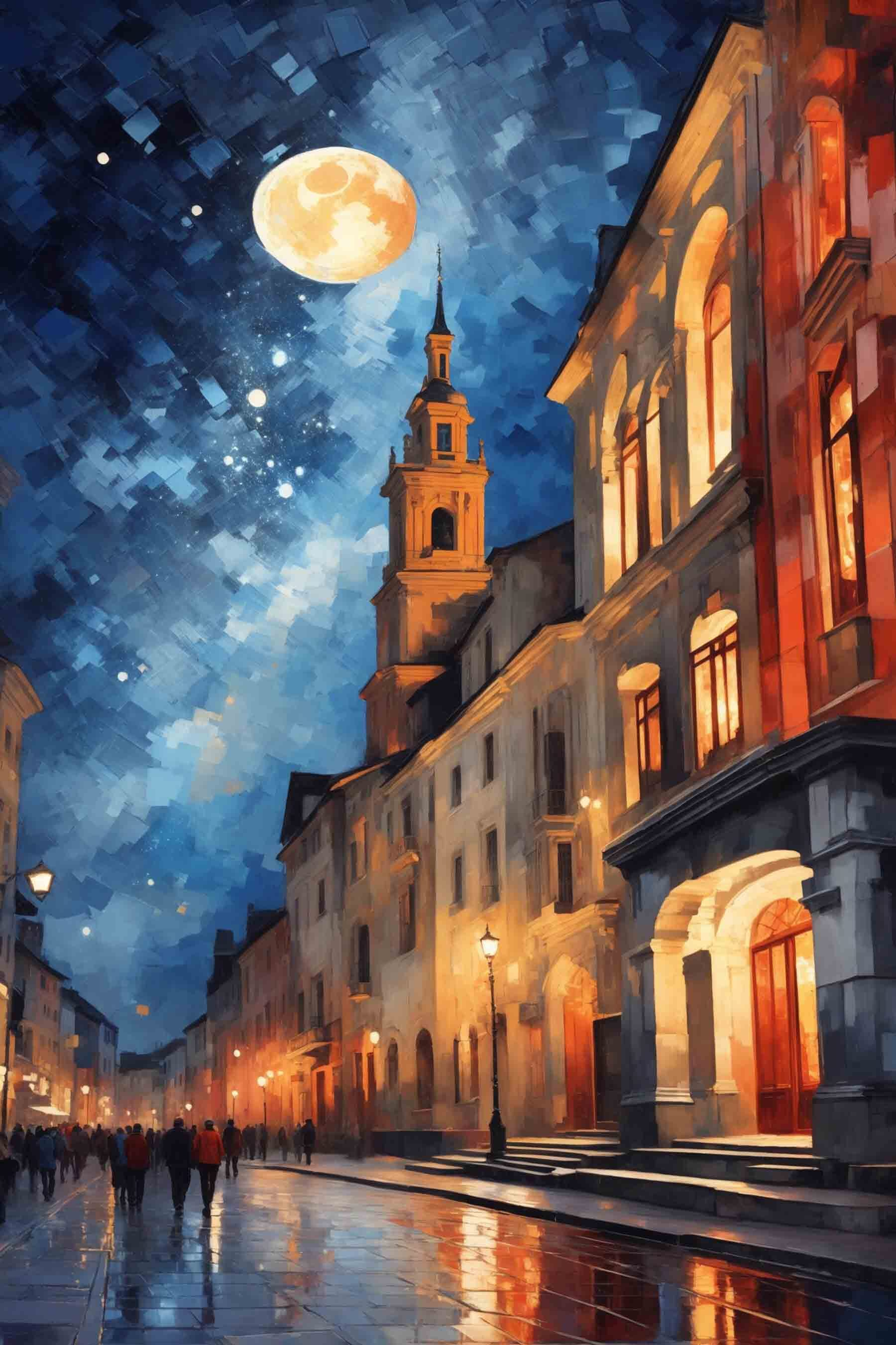 Street with buildings and a moon