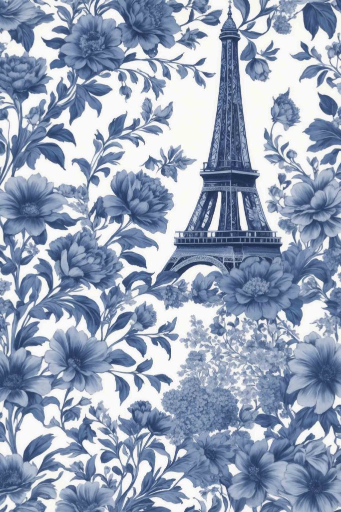 Blue and white floral pattern with a tower Blue and white floral pattern with a tower