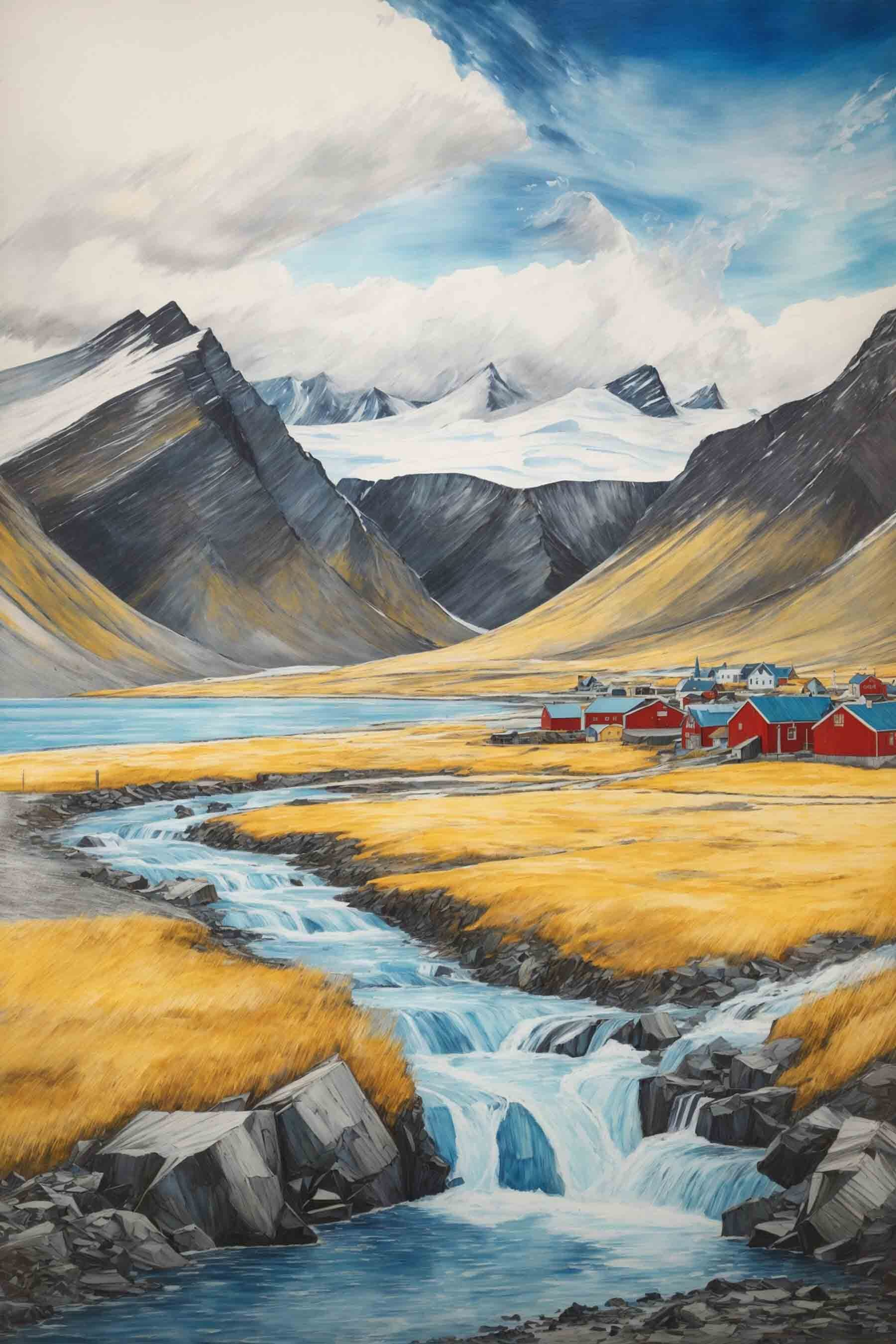River running through a valley with mountains and a village River running through a valley with mountains and a village
