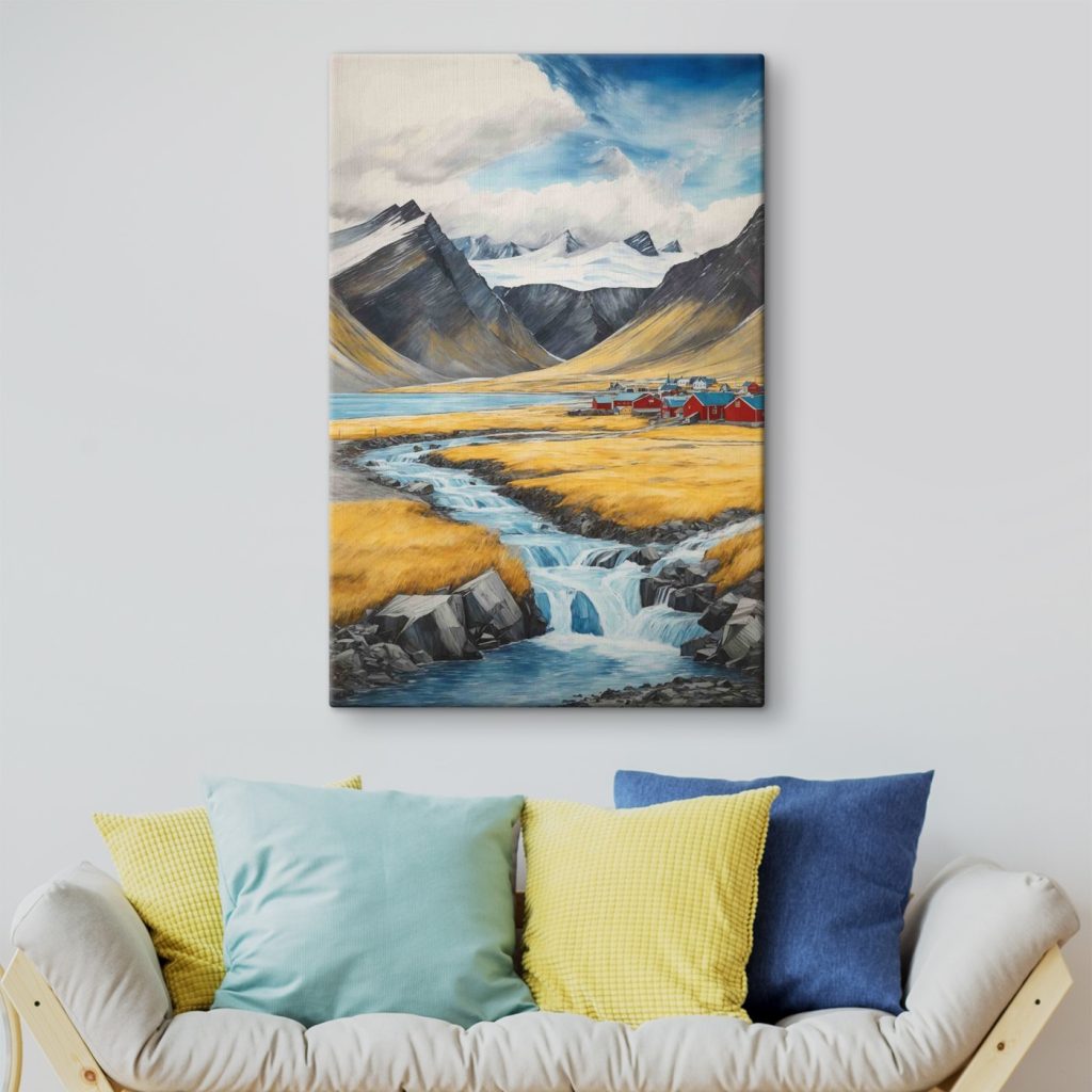 River running through a valley with mountains and a village River running through a valley with mountains and a village