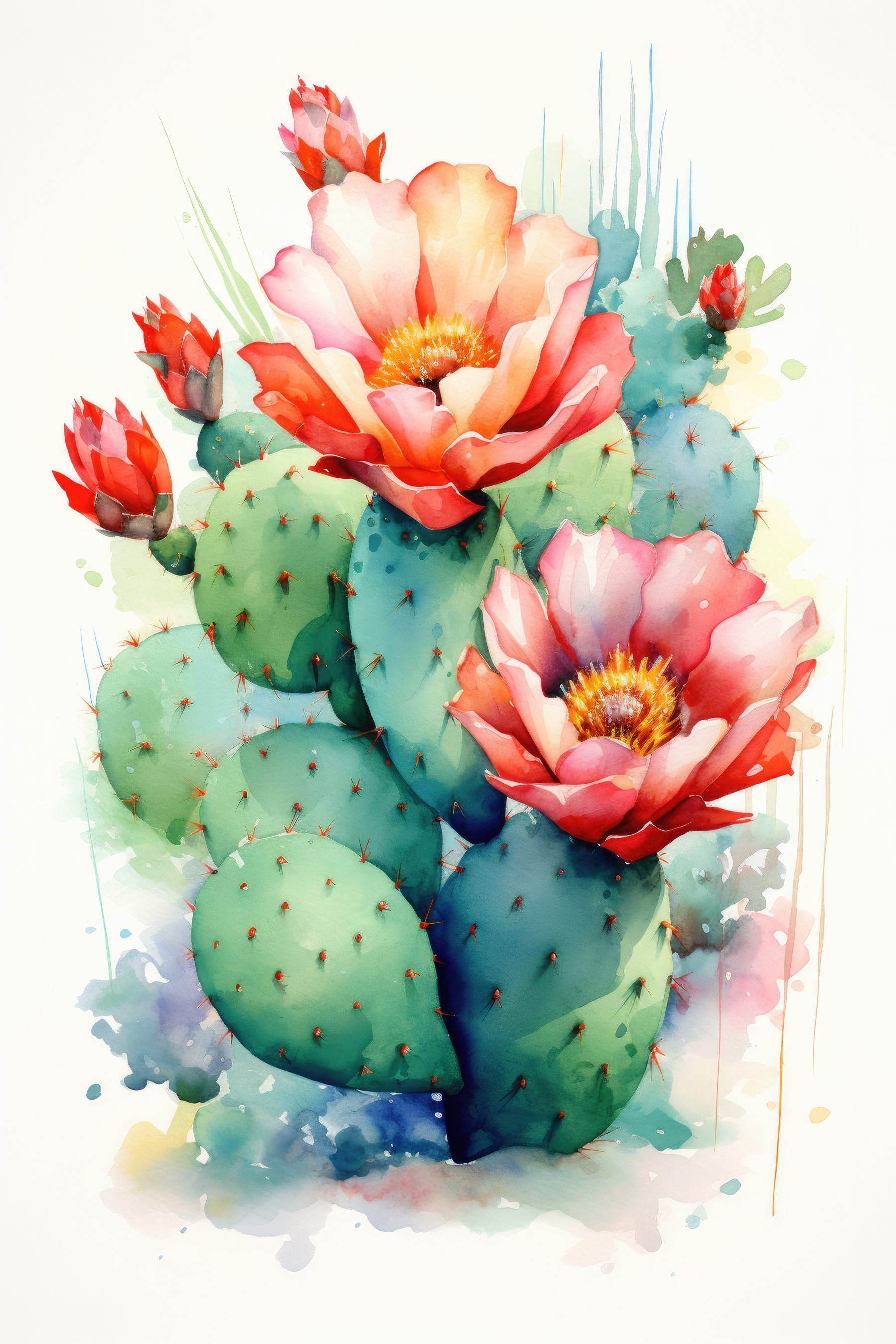 Watercolor painting of a cactus with flowers