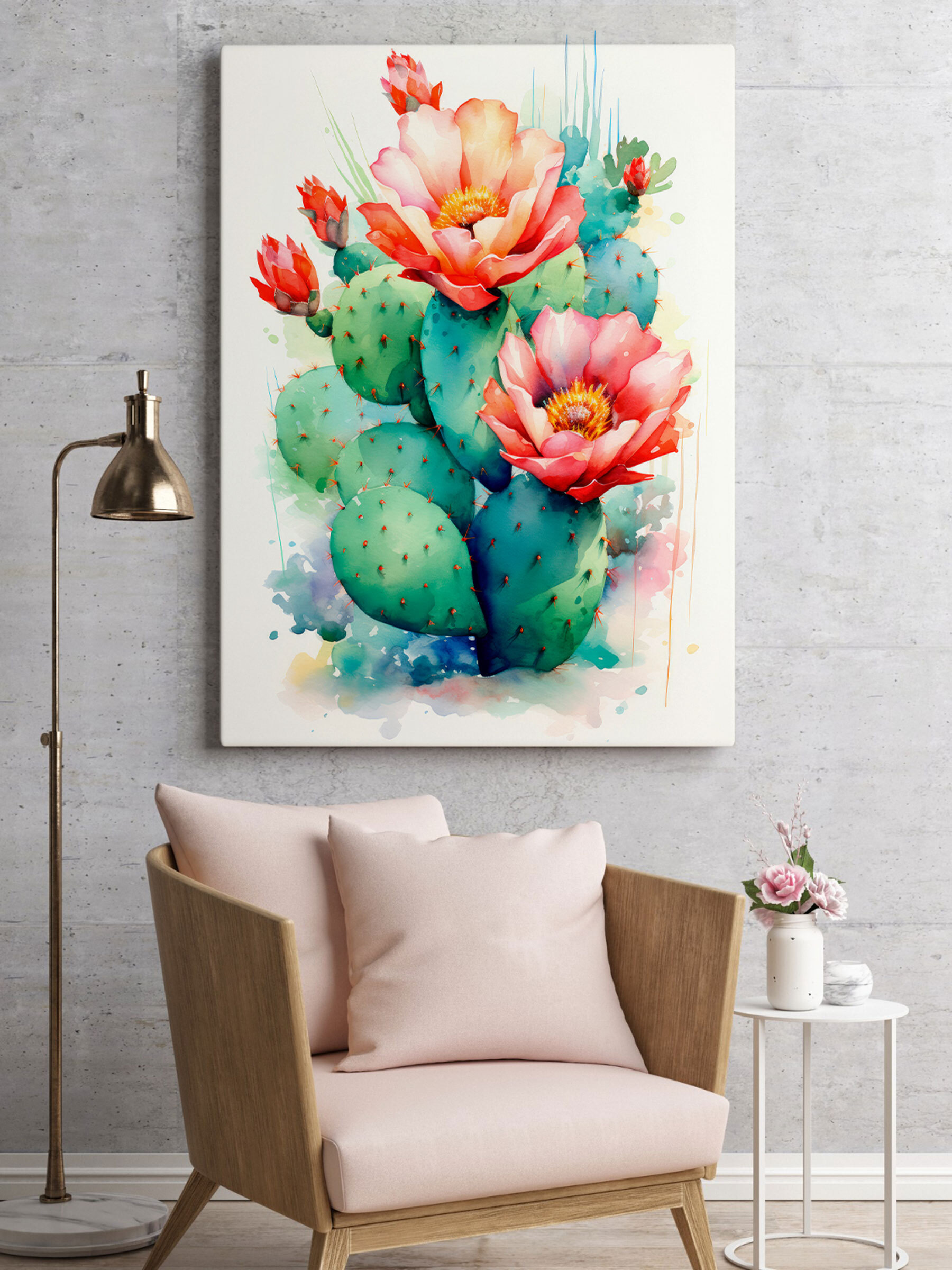 Watercolor painting of a cactus with flowers