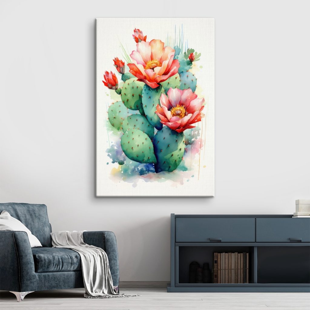 Watercolor painting of a cactus with flowers
