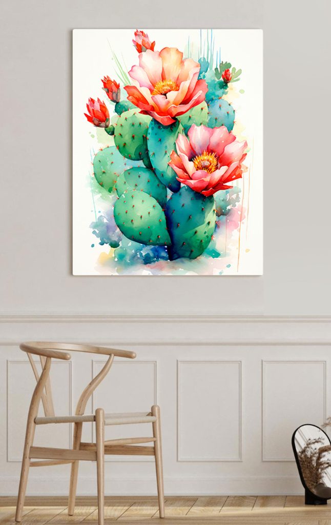 Watercolor painting of a cactus with flowers