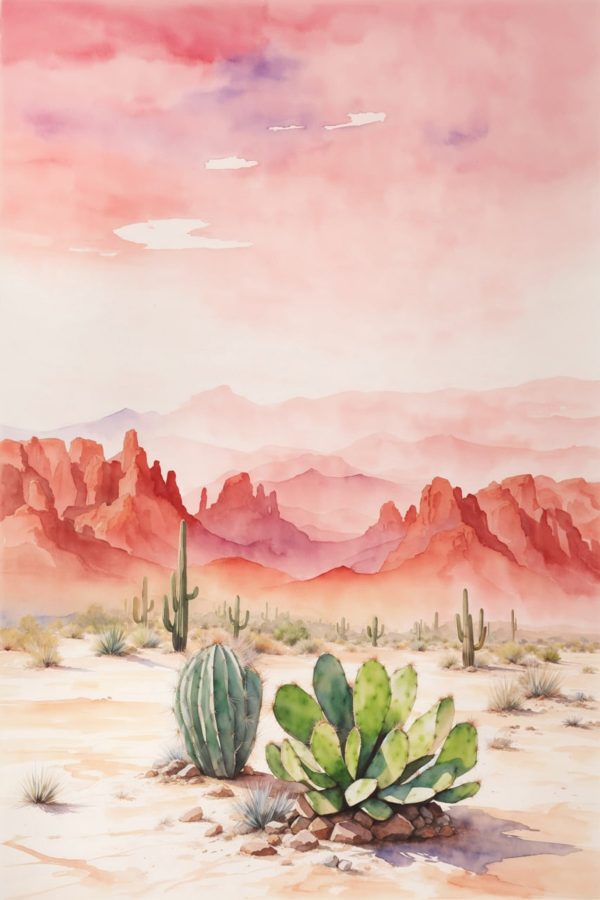 Watercolor painting of a desert landscape with cactuses and mountains