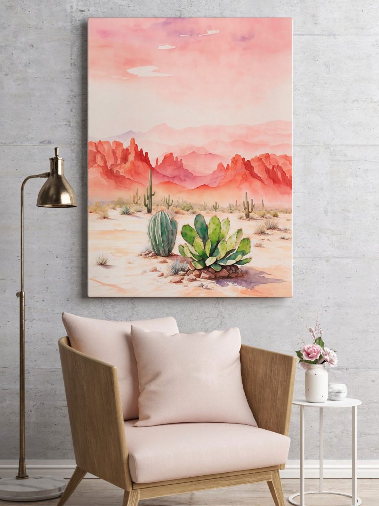Watercolor painting of a desert landscape with cactuses and mountains