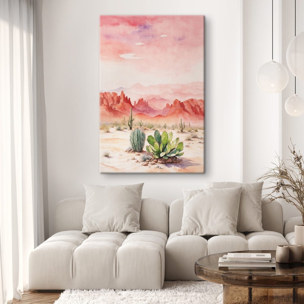 Watercolor painting of a desert landscape with cactuses and mountains