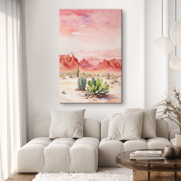 Watercolor painting of a desert landscape with cactuses and mountains