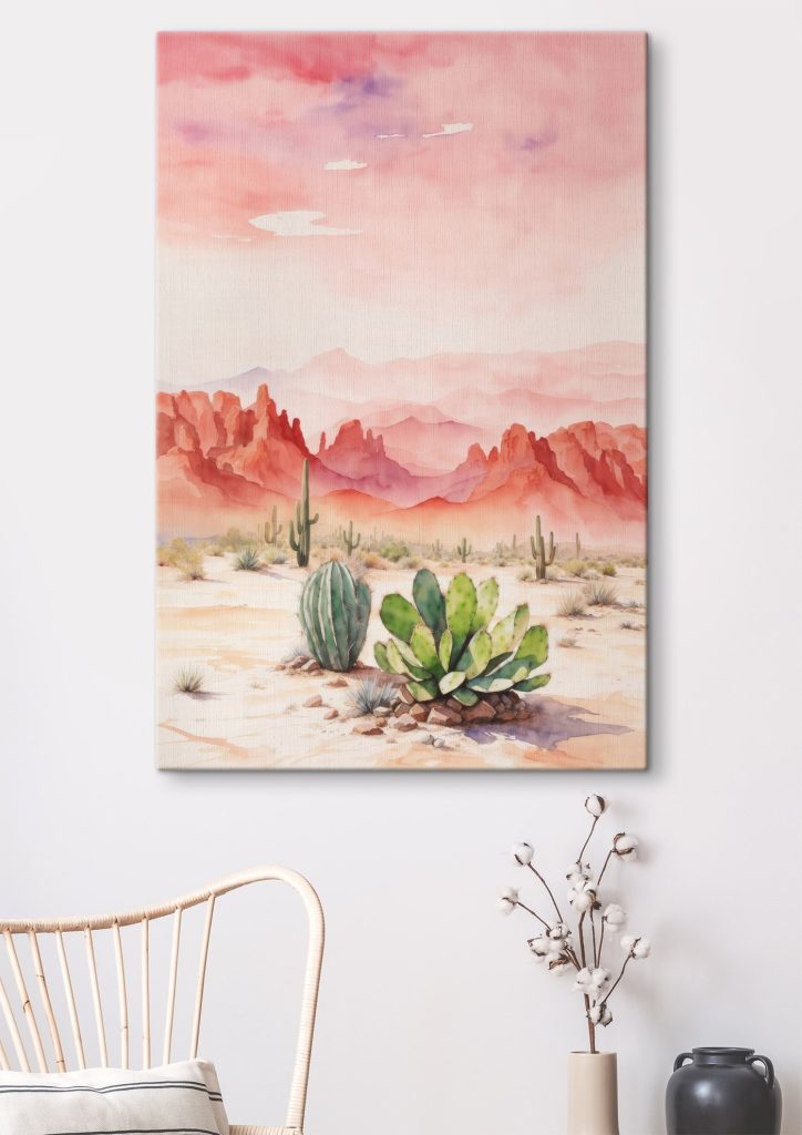 Watercolor painting of a desert landscape with cactuses and mountains