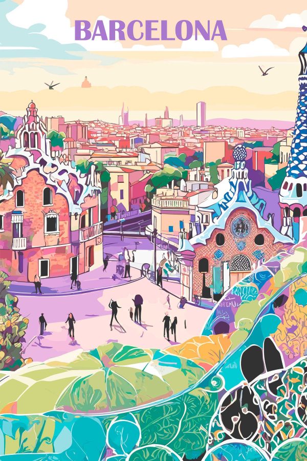 Colorful cityscape with people walking on a street