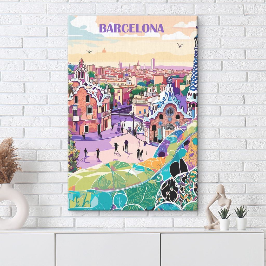 Colorful cityscape with people walking on a street