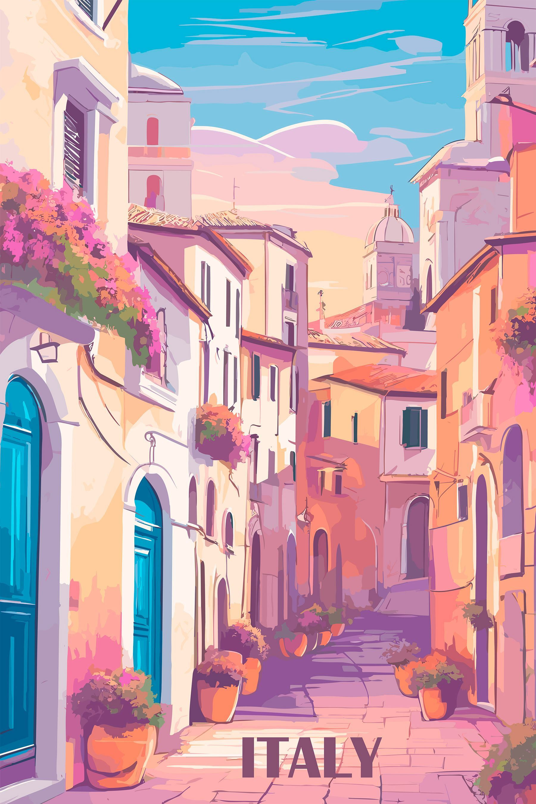 Painting of a street with buildings and flowers Painting of a street with buildings and flowers