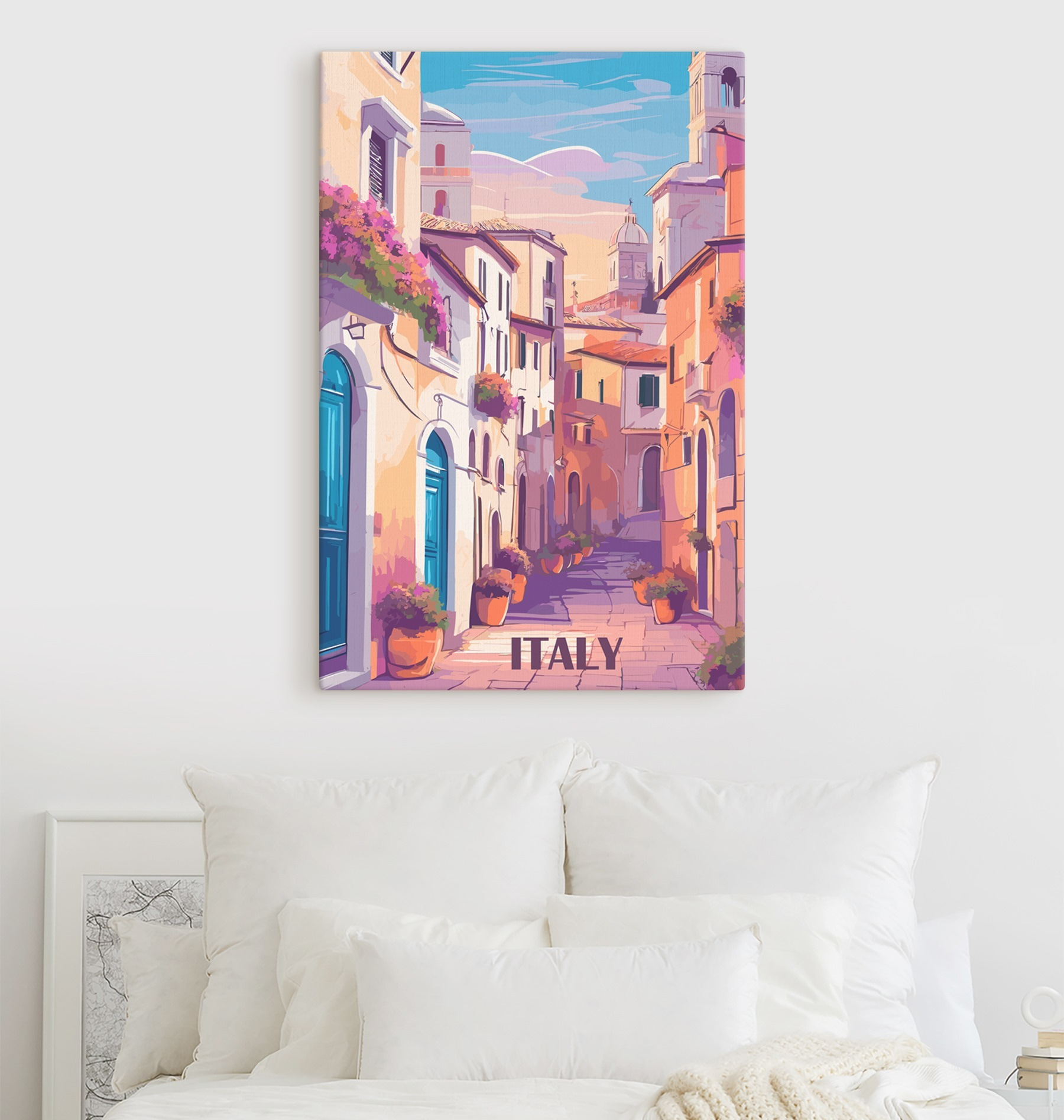 Painting of a street with buildings and flowers Painting of a street with buildings and flowers