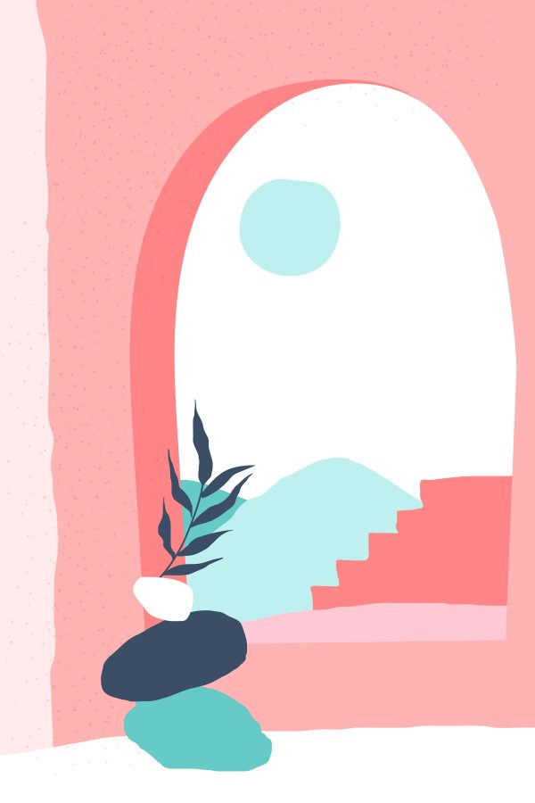 Pink and blue illustration of a window with a plant in a vase Pink and blue illustration of a window with a plant in a vase