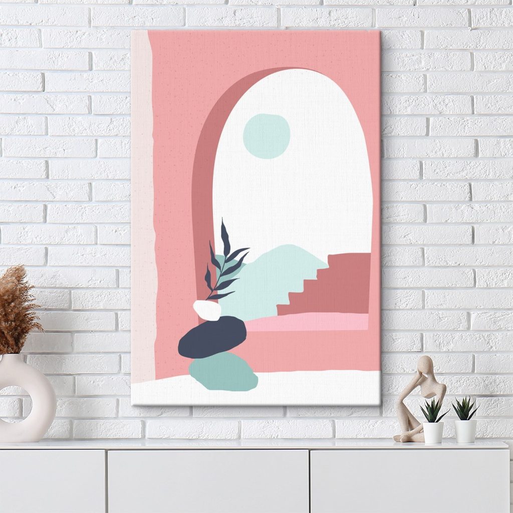 Pink and blue illustration of a window with a plant in a vase Pink and blue illustration of a window with a plant in a vase
