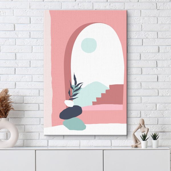 Pink and blue illustration of a window with a plant in a vase Pink and blue illustration of a window with a plant in a vase