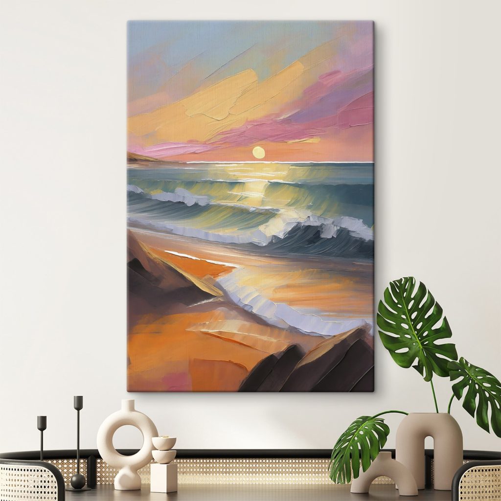 Painting of a beach with waves and a sunset Painting of a beach with waves and a sunset