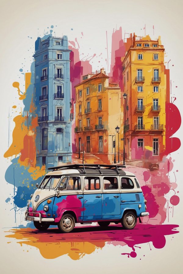 Van with a roof on the top and a colorful building Van with a roof on the top and a colorful building