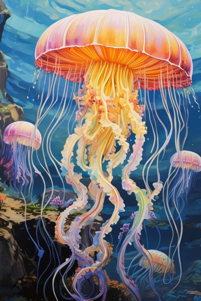 Colorful jellyfish swimming in the water Colorful jellyfish swimming in the water