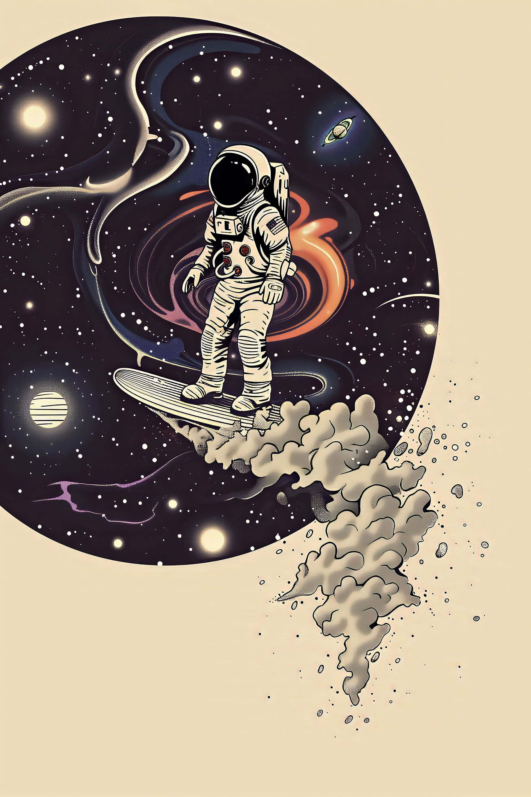 An astronaut on a surfboard in space An astronaut on a surfboard in space