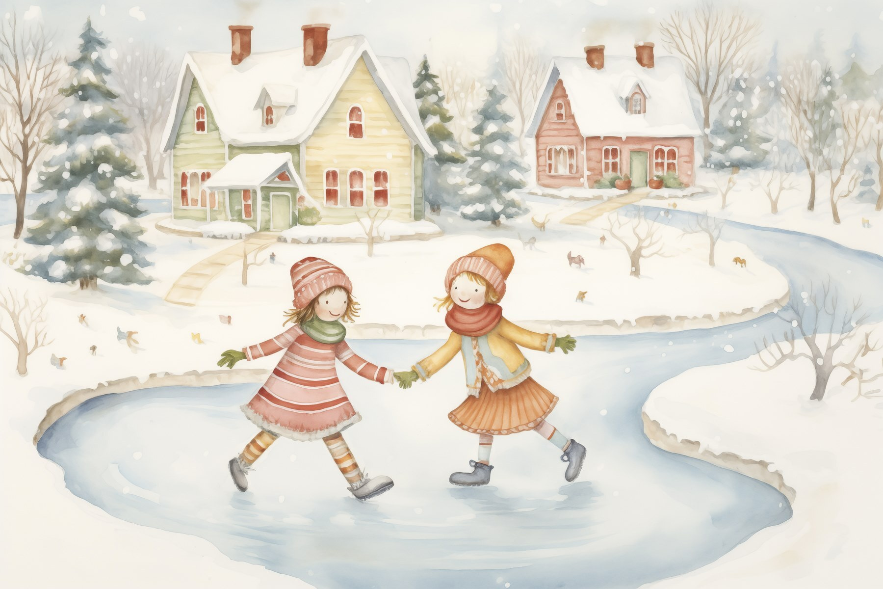 Couple of girls ice skating in a snowy landscape