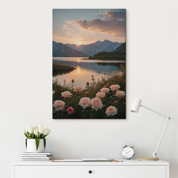 Cuadros Lago con flores y montañas al fondo (SKU: s38735) Cuadros Cuadros Lago con flores y montañas al fondo (SKU: s38735)