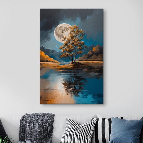 Cuadros Un árbol junto a un lago con la luna llena al fondo