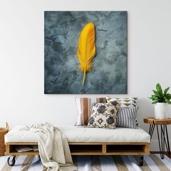 Cuadros Una pluma amarilla sobre una superficie gris (SKU: s39081) Cuadros Cuadros Una pluma amarilla sobre una superficie gris (SKU: s39081)