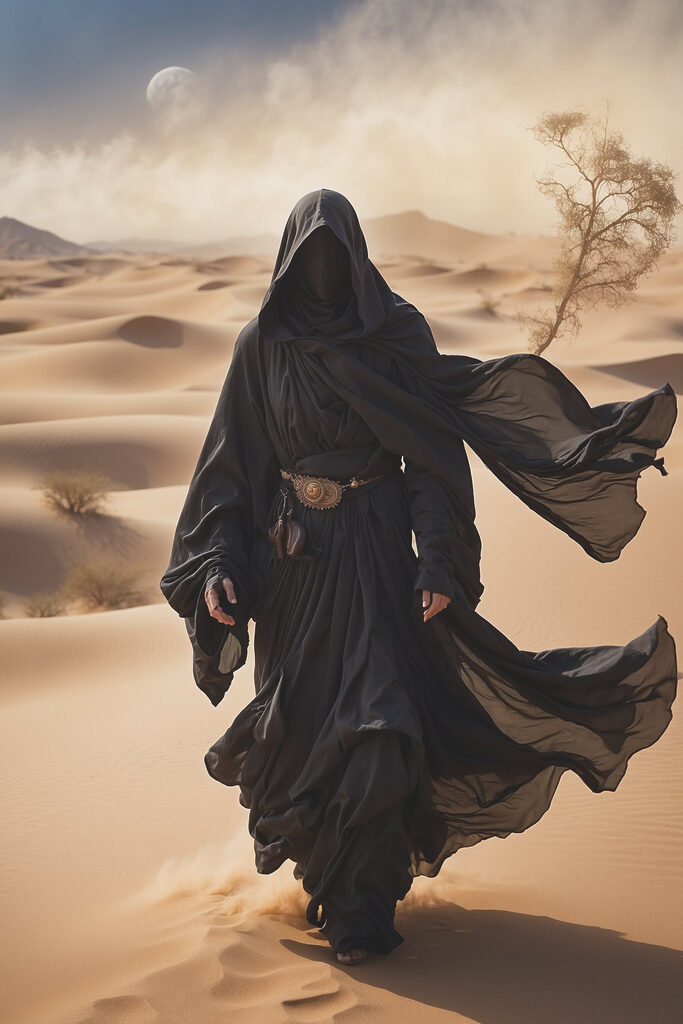 Person in a black robe walking in a desert Person in a black robe walking in a desert