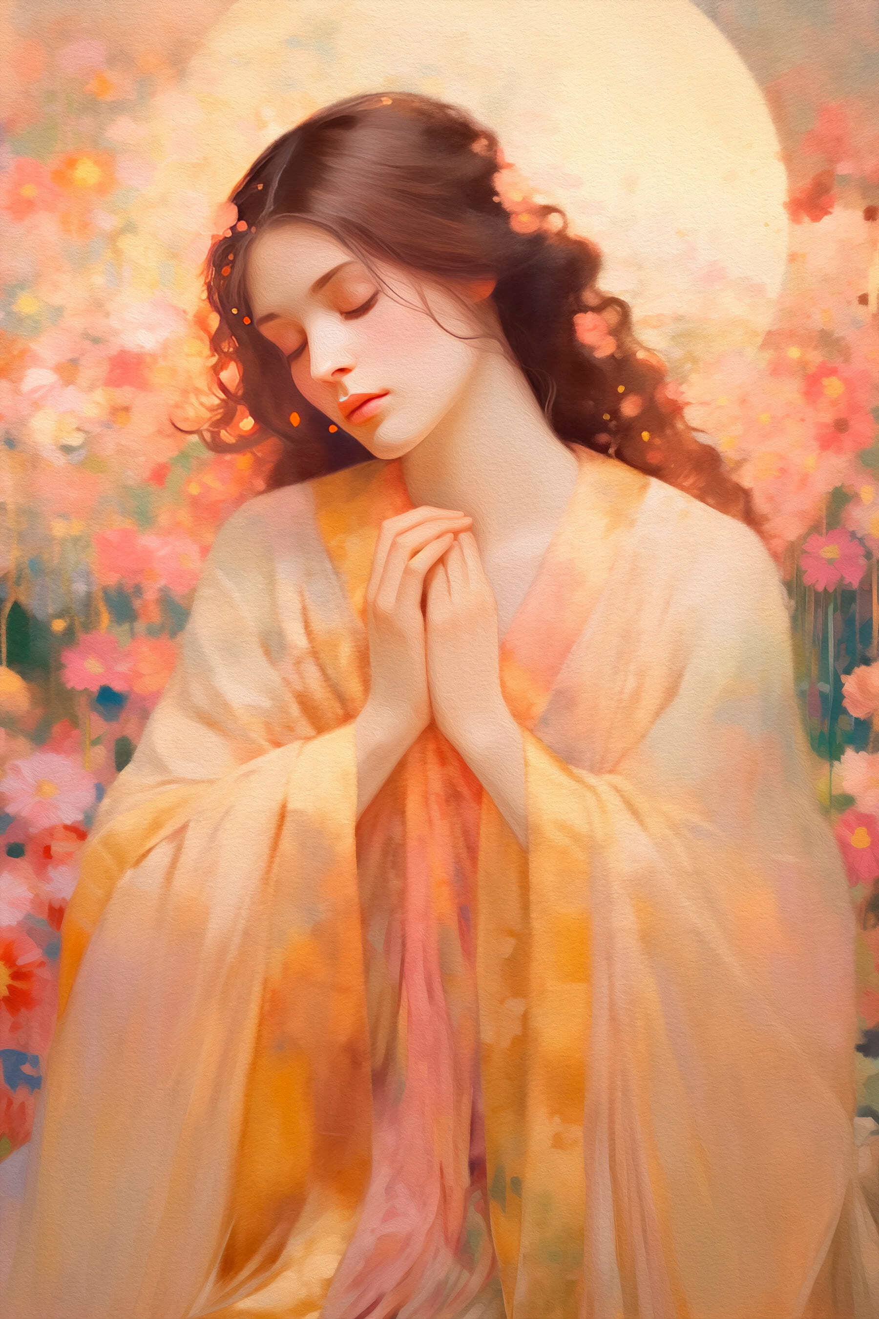Woman in a robe with her hands together in front of a flowery background Woman in a robe with her hands together in front of a flowery background