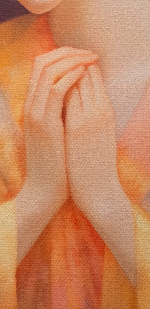 Woman in a robe with her hands together in front of a flowery background Woman in a robe with her hands together in front of a flowery background