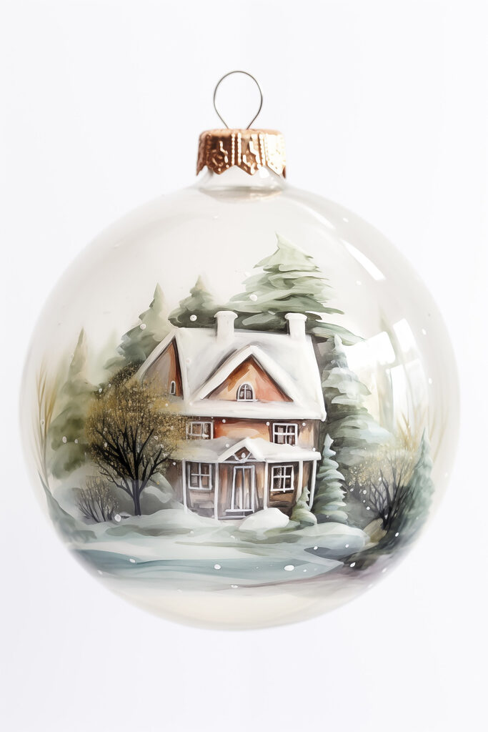 Glass ball with a painting of a house and trees Glass ball with a painting of a house and trees