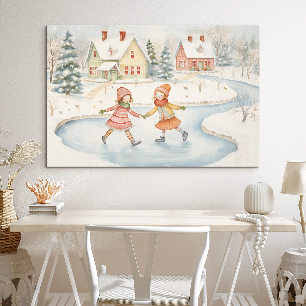 Couple of girls ice skating in a snowy landscape