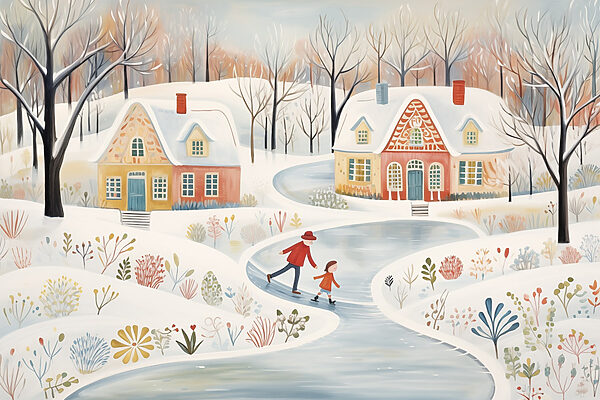 Painting of a couple of people skating on a snowy road