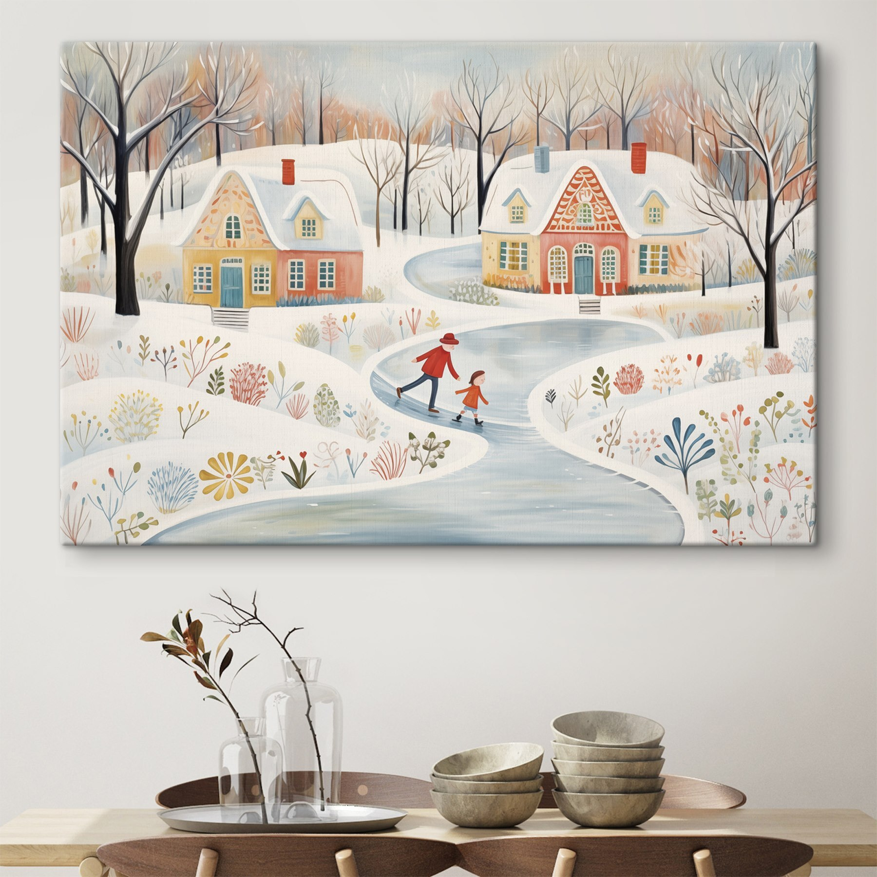 Painting of a couple of people skating on a snowy road