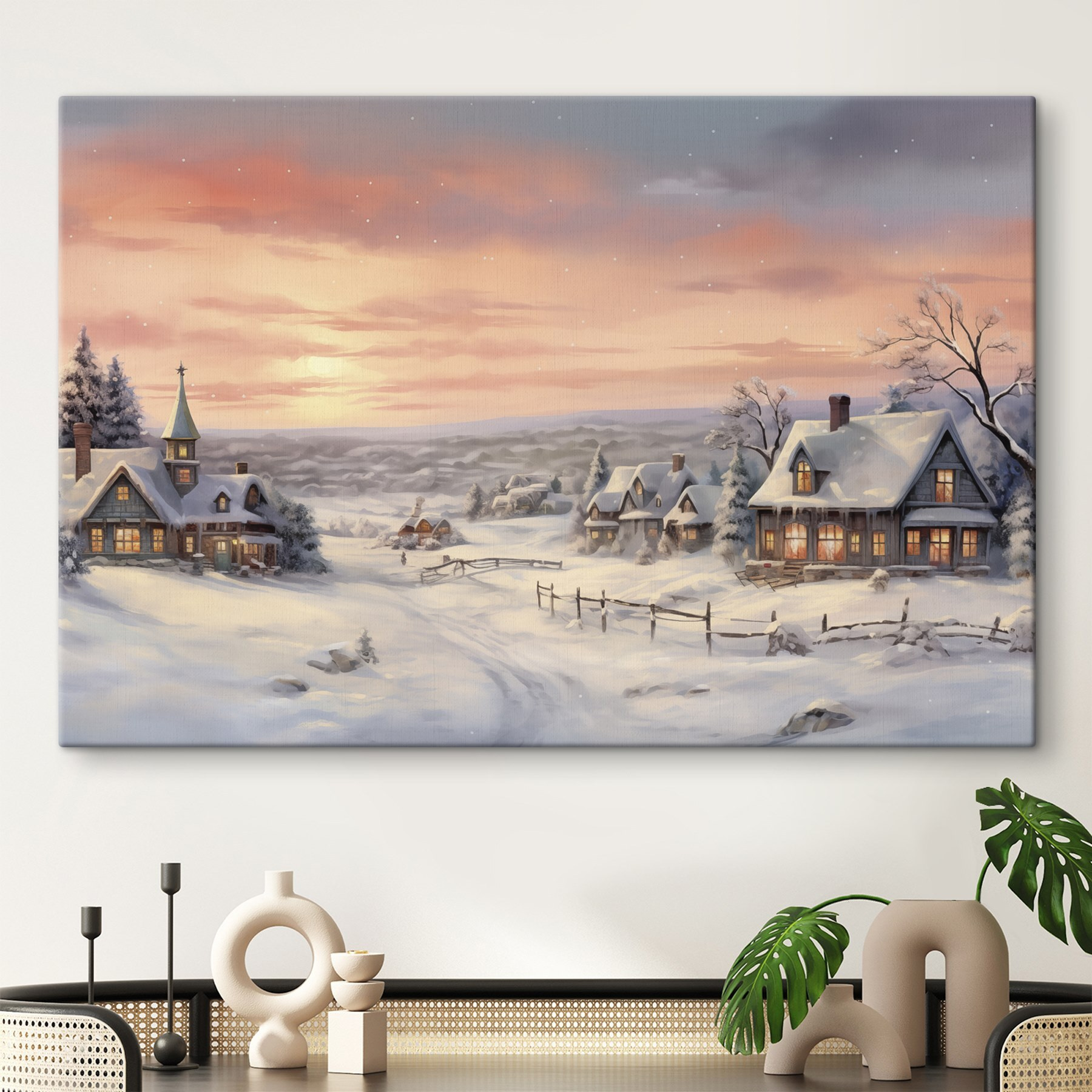Snow covered village with houses and a fence Snow covered village with houses and a fence