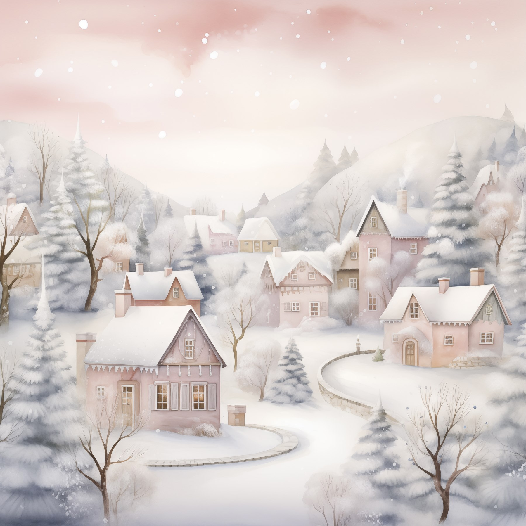 Painting of a snowy village Painting of a snowy village