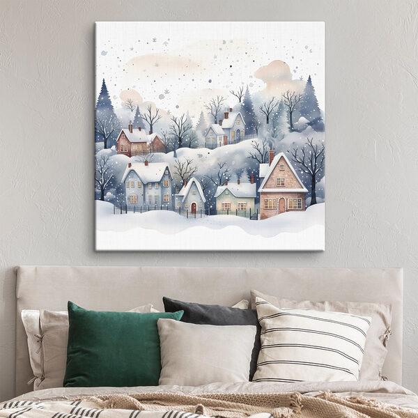 Watercolor painting of houses and trees in the snow