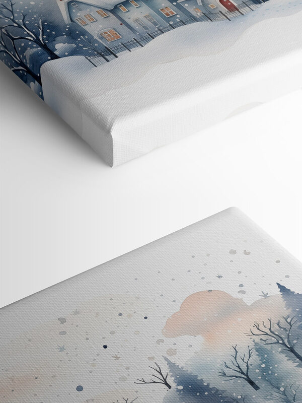 Watercolor painting of houses and trees in the snow