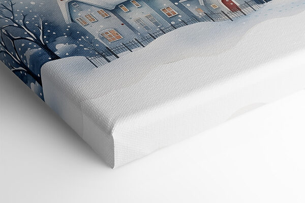 Watercolor painting of houses and trees in the snow