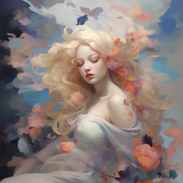 Woman with long blonde hair and flowers in her hair