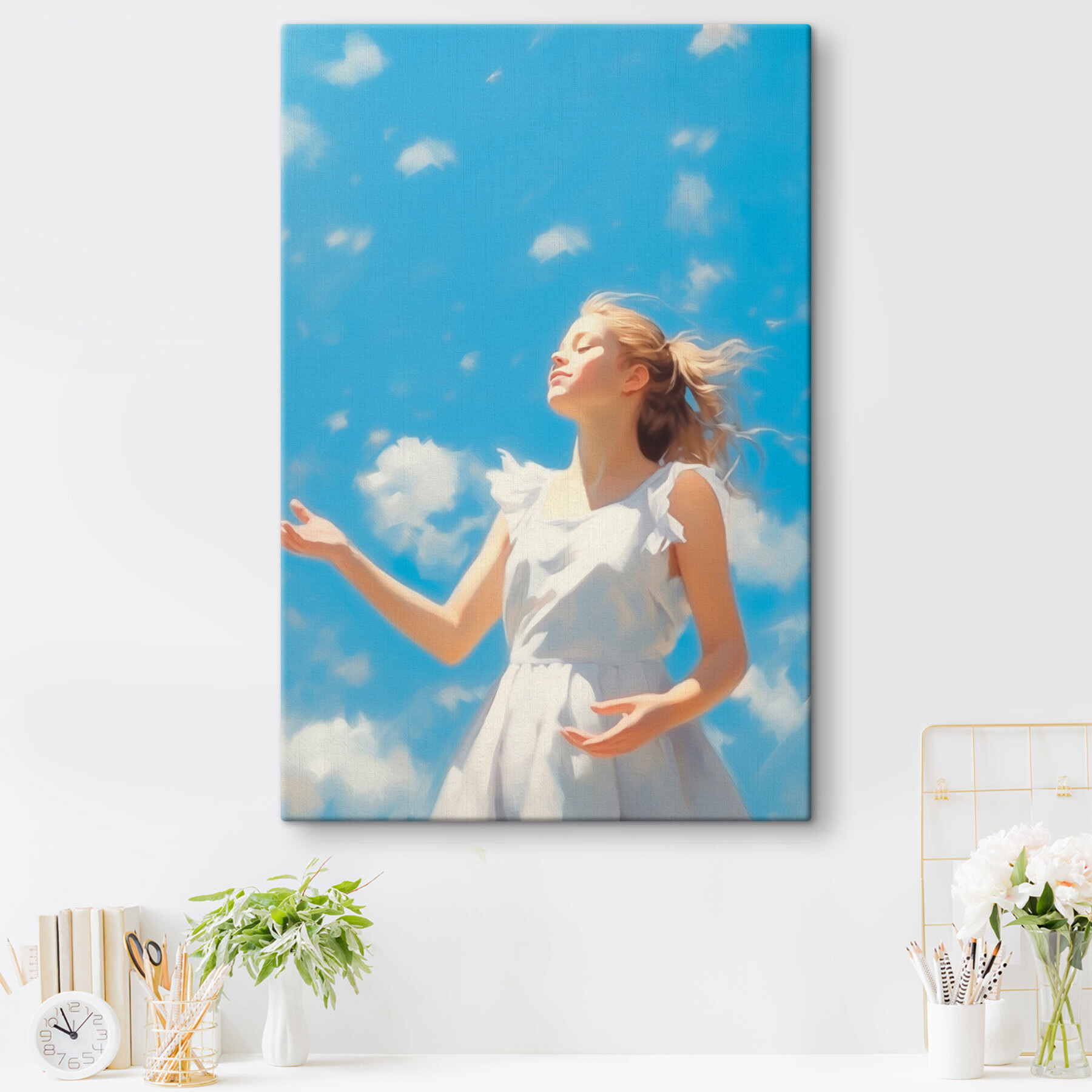 Woman in a white dress with her arms out in the air