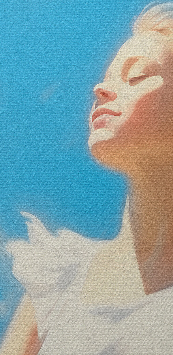 Woman in a white dress with her arms out in the air