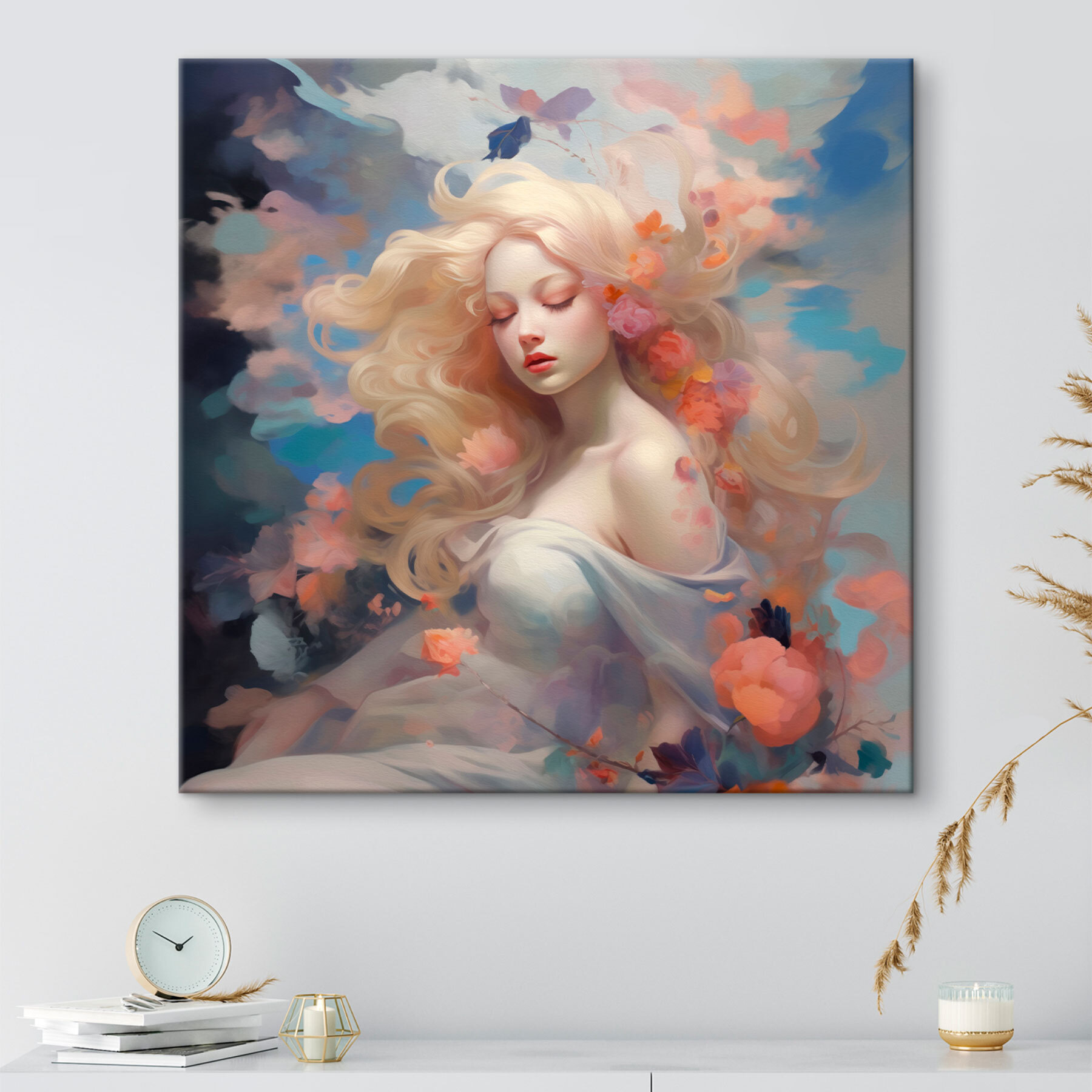 Woman with long blonde hair and flowers in her hair