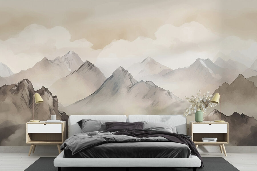 Pintura de montañas y nubes