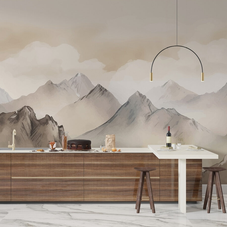 Pintura de montañas y nubes