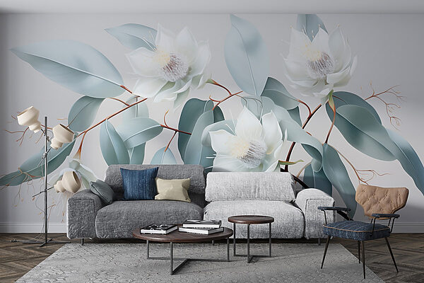 Fotomurales Fotomurales Flores y hojas blancas en una rama (SKU: w01885)