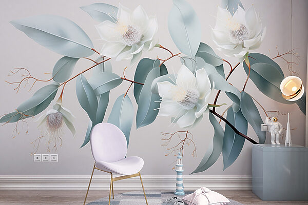 White flowers and leaves on a branch