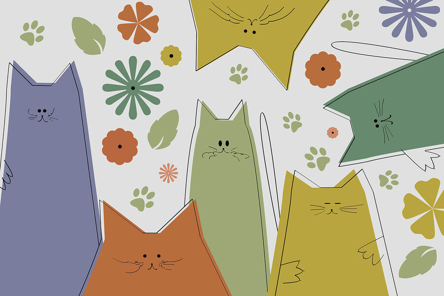 Grupo de gatos con flores y hojas