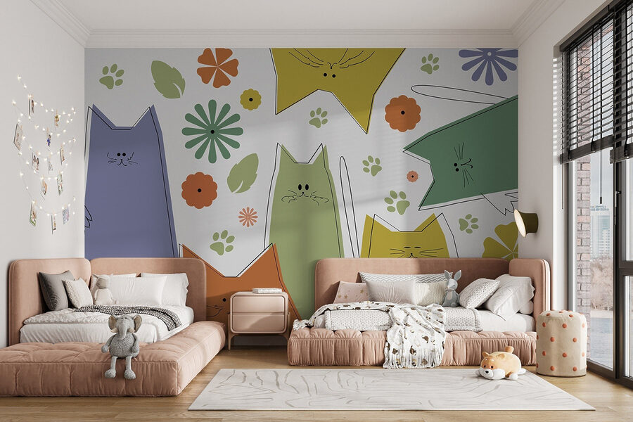 Grupo de gatos con flores y hojas